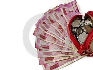 Purse with Money and coins on white background