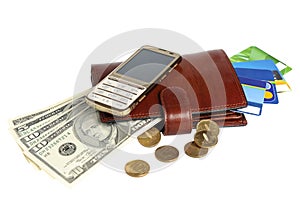 Purse with money, credit cards and mobile phone isolated on whit