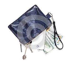 Purse with phone, keys, cards and dollars isolated