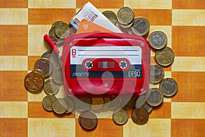 Purse on top of a table with orange squares