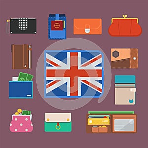 Purse wallet with money shopping buy business financial payment bag and accessory trendy cash wealth vector illustration