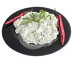 Purslane salad with yogurt isolated on a white background. Turkish cuisine appetizers