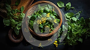 Purslane on a wooden plate