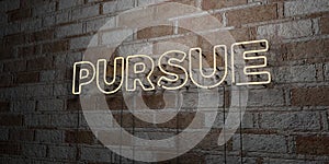 PURSUE - Glowing Neon Sign on stonework wall - 3D rendered royalty free stock illustration