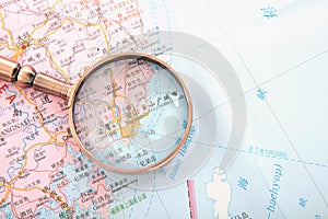 Pusan, a Korean city on a map under a magnifying glass