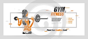 Push the barbell gym and fitness vector advertising flyer, young attractive woman doing workout exercises with a barbell, perfect