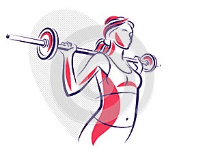 Push the barbell gym and fitness vector illustration of a young attractive woman doing workout exercises with a barbell, perfect