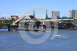 Push boat barge & raised bridge.