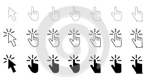 Push button. Hand icon on white background. Cursor of computer mouse. Vector illustration. EPS 10