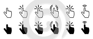 Push button. Hand icon on white background. Cursor of computer mouse. Vector illustration. EPS 10