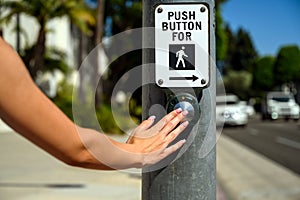 Push button at pedestrian crossing crosswalk street road