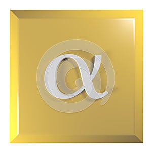 Push button square, yellow with alpha sign - 3D rendering illustration