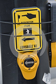 Push button to turn on the pedestrian traffic light.    North Vancouver Canada