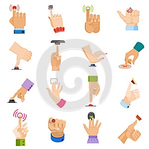 Push button vector hand pushing control-button and finger pressing knobby command-button start illustration set of arms