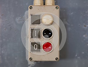 Push buttons, old retro industrial switches. Start, stop concept