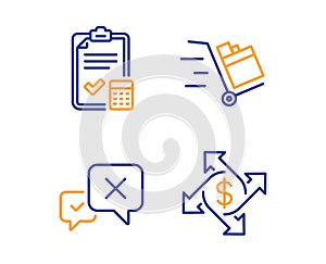 Push cart, Reject and Accounting checklist icons set. Payment exchange sign. Vector