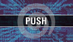Push with Digital java code text. Push and Computer software coding vector concept. Programming coding script java, digital