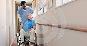 Push, nurse or old man in wheelchair in hospital for healthcare service, help or support in clinic. Talking, elderly