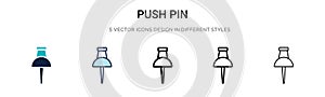 Push pin icon in filled, thin line, outline and stroke style. Vector illustration of two colored and black push pin vector icons