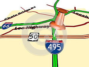 Push pin on road map in perspective
