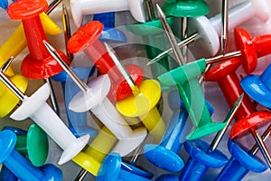 Push pins isolated on white background. colourful push-pin thumbtack tools office on white background.Set of push pins in