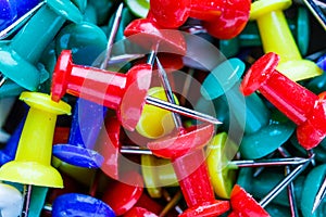 Push pins isolated on white background. colourful push-pin thumbtack tools office on white background.Set of push pins in