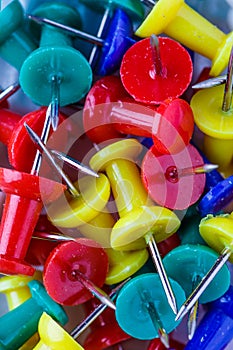 Push pins isolated on white background. colourful push-pin thumbtack tools office on white background.Set of push pins in