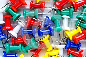 Push pins isolated on white background. colourful push-pin thumbtack tools office on white background.Set of push pins in