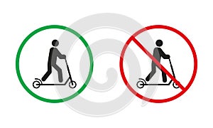 Push Scooter Warning Sign Set. Man on Kick Scooter Allowed and Prohibit Silhouette Icons. City Eco Electric Transport