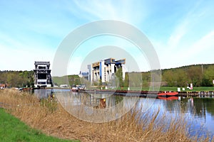 A push ship passes the ship lift in Niederfinow, Germany