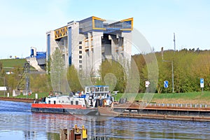 A push ship passes the ship lift in Niederfinow, Germany