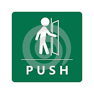 Push to open door green square sign. Label sticker design illustration of man open and close gate