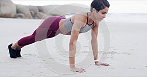 Push up, fitness and woman on the beach with exercise, health and wellness in nature. Strong, workout and person