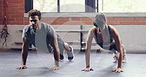 Push up, floor workout or gym people, team or couple of friends doing fitness, bicep strength development or muscle