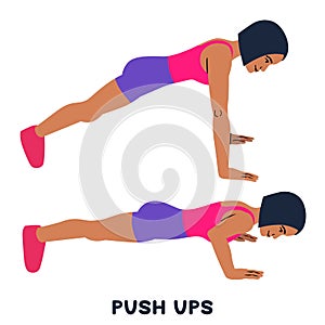 Push ups. Sport exersice. Silhouettes of woman doing exercise. Workout, training photo