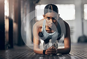 Push ups, training and portrait of woman in gym for challenge, exercise and performance. Health, strong and sports with