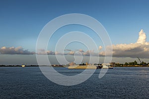 A pusher boat in the Mississippi River near the city of New Orleans