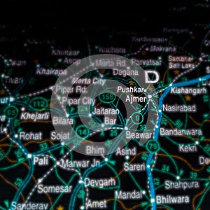 pushkar ajmer city displaying on geographical location map in India