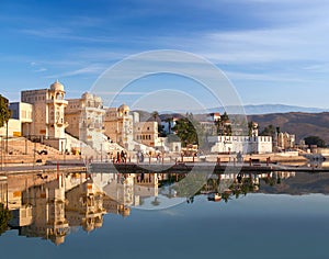 Pushkar city view from Pushkar Sarovar lake in Rajasthan, India