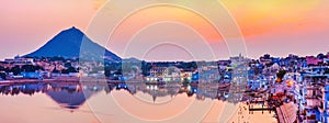 Pushkar Holy Lake at sunset, India