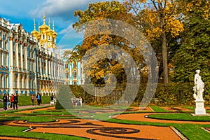 PUSHKIN, SAINT PETERSBURG, RUSSIA - OCTOBER 21, 2024: View of the autumn Park and Catherine Palace in the Tsarskoye Selo