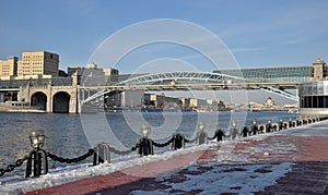 Pushkinsky Andreevsky pedestrian bridge across Moscow River in Moscow, connects Pushkinskaya embankment of Neskuchny Garden with