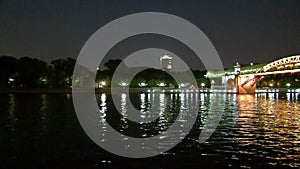 Pushkinsky Andreyevsky Bridge over river in evening Moscow.