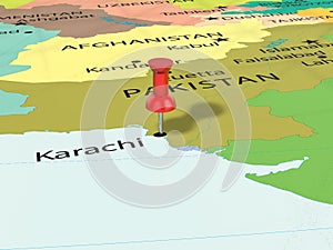 Pushpin on Karachi map