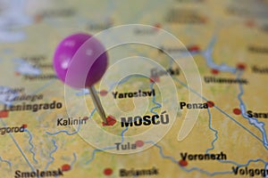 Pushpin marking on Moscow, Moscu in spanish photo