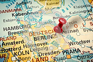 Pushpin pointing at Berlin city in Germany