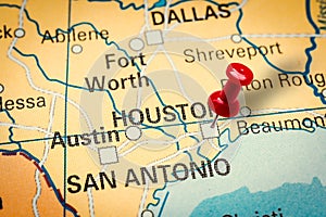 Pushpin pointing at Houston city in Texas, America