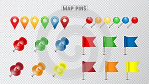 Pushpin Thumbtack for note attach collection. Realistic 3d push pins pinned vector set