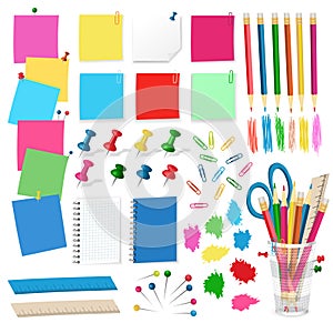 Pushpins, pins, thumbtacks, paper stickers, pencils - Office supplies vector on white background.