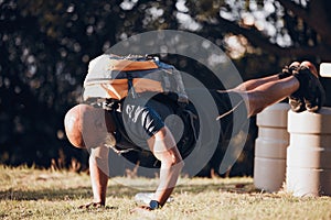 Pushup, strong and black man at a fitness bootcamp for exercise, workout and sports. Active, bodybuilder and athlete